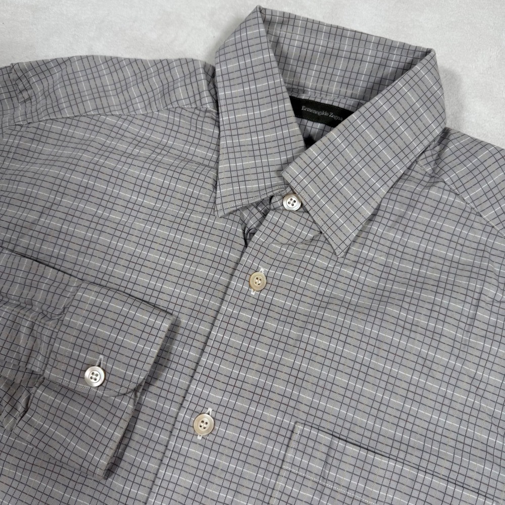 Ermenegildo‎ Zegna Men's Grey Plaid Dress Shirt Button Down Long Sleeve XLarge